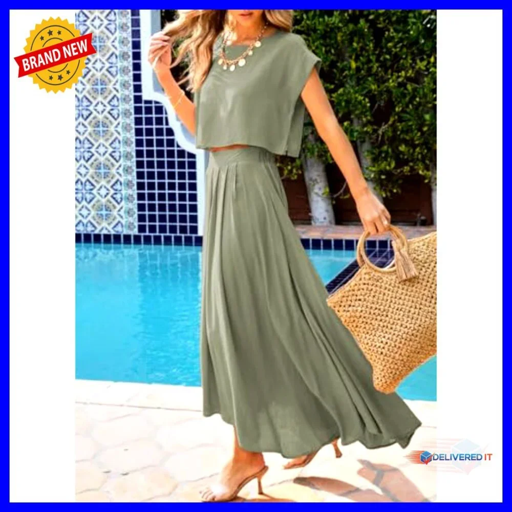 2 Piece Summer Outfit Crewneck Top Maxi Skirt Set Chic Casual Lightweight - Picture 4 of 6